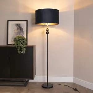 ValueLights Marissa Black Stacked Ball Floor Lamp with Black Velvet with Gold Inner Lamp Shade and LED Bulb