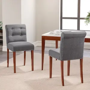 Set of 2 Grey Dining Chair Set Linen Padded Kitchen Chair Accent Chair with Wooden Legs