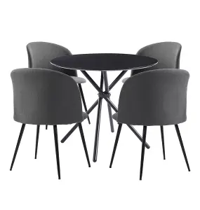 Hallowood Furniture Cullompton Small Round Black Dining Table 90cm with 4 Curved-back Dark Grey Fabric Chairs