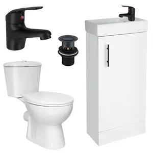 Bubly Bathrooms™ 400mm Vanity Unit and Close Coupled Square WC Dual Flush Toilet Matt Black Tap & Waste Set