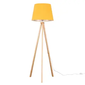 ValueLights Barbro Modern Light Wood Tripod Design Floor Lamp with Mustard Tapered Shade - Includes 6w LED GLS Bulb 3000K