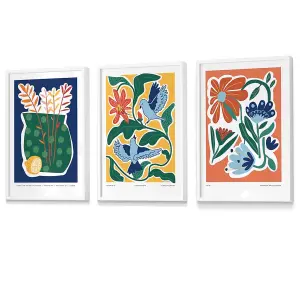 Set of 3 Artisan Floral Wall Art Prints in Bright Colours / 42x59cm (A2) / White Frame