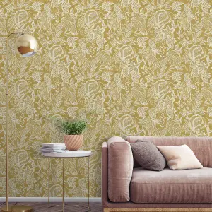 Mae Ochre Wallpaper Grandeco Floral Leaf Jungle Yellow White Textured Vinyl