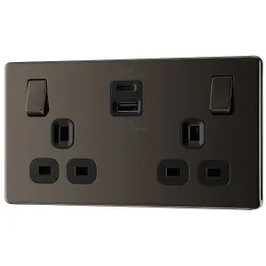 GoodHome Black Nickel Double 13A Flat Switched Screwless Socket with USB, x2 & Black inserts