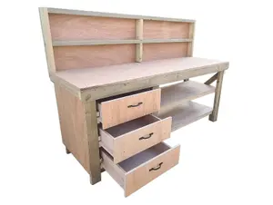 Wooden Eucalyptus top tool cabinet workbench with storage shelf (V.7)  (H-90cm, D-70cm, L-240cm) with back panel and double shelf