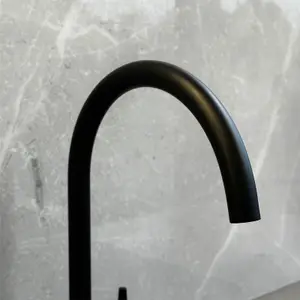 Liquida LB01BL Swan Neck Twin Lever Brushed Steel and Black Kitchen Tap