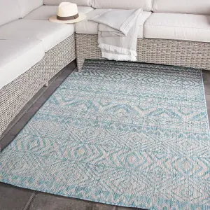 Aqua Blue Aztec Tribal Flatweave Indoor Outdoor Rug 120x170cm