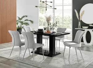 Imperia Black High Gloss 6 Seater Dining Table with Structural 2 Plinth Column Legs 6 Light Grey Velvet Silver Leg Nora Chairs