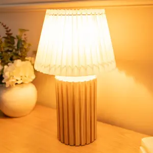 ValueLights Brooke Natural Wood Bedside Table Lamp with a White Pleated Lampshade