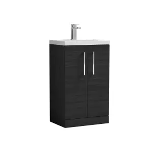 Compact Floor Standing 2 Door Vanity Basin Unit with Polymarble Basin - 500mm - Woodgrain Charcoal Black