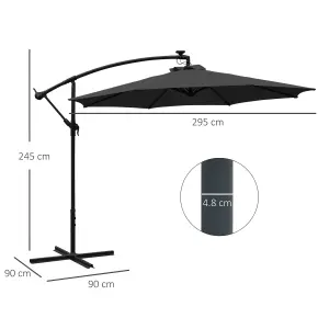 Outsunny 3(m) LED Patio Banana Umbrella Cantilever Parasol w/ Crank, Black