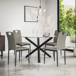 Malvern Round Dining Table And Chairs -  Clear Glass Table Top w Solid Oak Black Legs + Monza Fabric Dining Chair Set Of 4 (Grey)