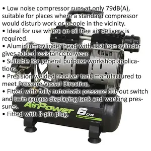 6 Litre Low Noise Direct Drive Air Compressor with Automatic Pressure Cut-Out