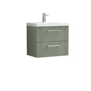 Retro 2 Drawer Wall Hung Vanity Unit with Mid-Edge 1 Tap Hole Ceramic Basin - 600mm - Satin Green - Balterley