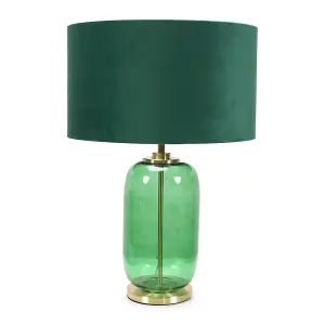 ValueLights Leigh Forest Green Glass and Gold Detail Table Lamp with Velvet Drum Shade Light - LED Bulb Included