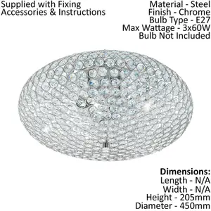 Flush Ceiling Light Colour Chrome Plated Shade Clear Crystal Bulb E27 3x60W