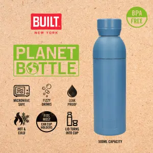 BUILT Planet Bottle, 500ml Recycled Reusable Water Bottle with Leakproof Lid - Blue