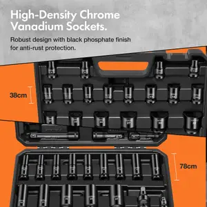 VonHaus Impact Socket Set 1/2 Inch Drive, 40pcs - contains Extension Bar, Drill Adapter, Universal Joint Socket, 1/2 - 3/8 Adapter