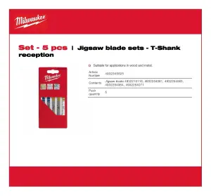 Milwaukee - Jigsaw Blade Set - T - Shank Reception (5 Piece) - Suitable For Applications In Wood and Metal