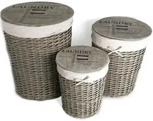 Set Of 3 Laundry Wicker Baskets With Lids Hamper Washing Bin Clothes Storage Bedroom Multi Usage Includes Lids & Liner