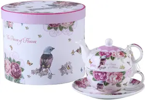 Tea for One Teapot Cup suacer Set Vintage Flora Rose Lavender Porcelain Gift Box (Bird Rose Butterfly)