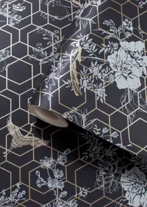 Muriva Black/Gold Floral 3D effect Patterned Wallpaper