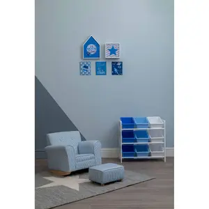 Interiors By Premier Sleek Three Tier White And Blue Storage Unit, Angled Buckets Storage Unit For Kids Room, Slim Storage Boxes