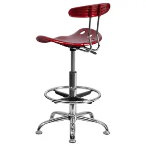 Vibrant Chrome Drafting Stool with Tractor Seat Wine Red