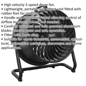 16 Inch High Velocity Drum Fan - 3 Speed Settings - 360 Degree Tilting Stand