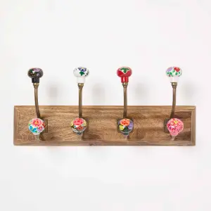 Homescapes Floral Decorative Wall Coat Rack, Wooden wall hook with Flowers