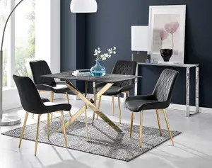 Furniturebox UK Leonardo Grey Glass Marble Effect Gold Leg Table & 4 Black Pesaro Gold Leg Chairs