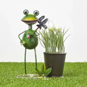 Homescapes Metal Frog with Garden Fork and Flower Pot, 28 cm Tall