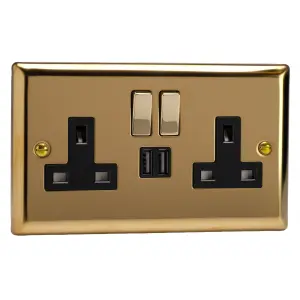 Varilight 2-Gang 13A Single Pole Switched Socket + 2x5V DC 2100mA USB Charging Ports  Victorian Brass