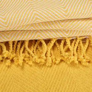 EHC Luxury Pack of 2 Chevron Cotton Single Sofa Throw Blanket, 125x 150cms - Yellow