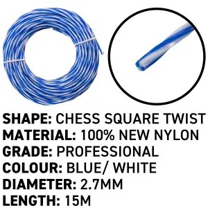 15m x2.70mm of strimmer/trimmer line,blue/white twist line gives you more cutting edge for cleaner and quicker cut