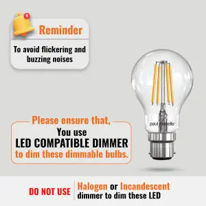 paul russells LED Filament Dimmable GLS Bulb, BC B22, 7W 806 Lumens, 60w Equivalent, 2700K Warm White