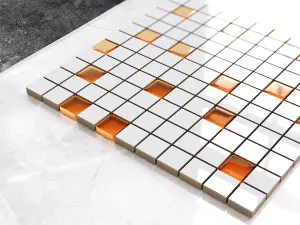 Ceramic mosaic with glass inserts on mesh for bathroom or kitchen 300mm x 300mm - Mandarin