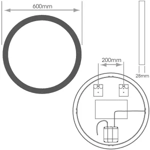 600mm Round IP44 LED Bathroom Mirror & Demister - Tunable White Diffused Border