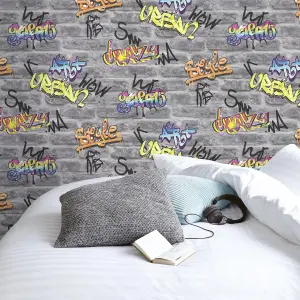 GoodHome Orobe Grey Graffiti brick Smooth Wallpaper Sample