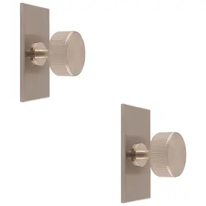 2 PACK - Reeded Radio Cabinet Door Knob & Matching Backplate Lined Satin Nickel 76 x 40mm