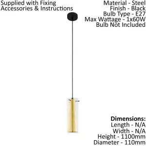 Pendant Ceiling Light Black Shade Inner Gold Outer Clear Glass Bulb E27 1x60W