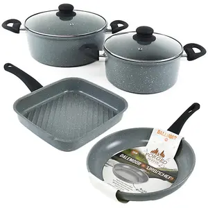 URBN-CHEF 4pcs Carbon Steel Marble Grey Non Stick Casserole Pots, Grill & Frying Pan Cookware