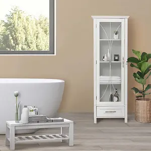 Teamson Home Freestanding Tall Column Bathroom Cabinet with Glass Panelled Door, Bathroom Storage, White