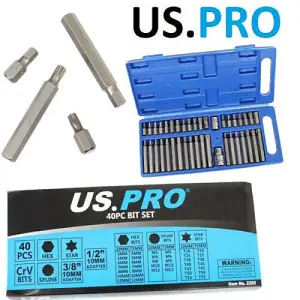 US PRO Tools 40pc Torx/Spline & Hex Bit 10mm 3/8" & 1/2" Drive Bit Holder Set 2200