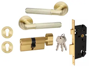 1 Set Knurled T-Bar Euro Lock Door Handle Set Thumbturn Key Satin Brass Finish