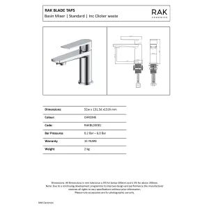 RAK Blade Polished Chrome Modern Basin Sink Mixer Tap Solid Brass