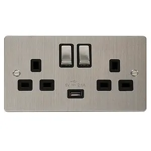 Flat Plate Stainless Steel 2 Gang 13A DP Ingot 1 USB Twin Double Switched Plug Socket - Black Trim - SE Home