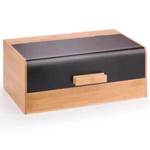 Woodluv Black Bamboo Bread Storage Box With Hinged Black Top Lid, 36 x 22 x 14 cm