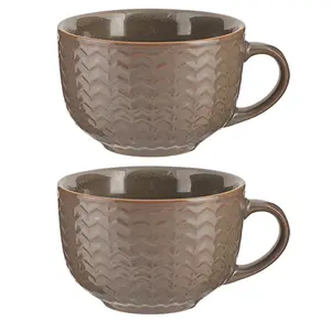 Set of 2 Dark Grey Large Stoneware Cups Coffee Mugs