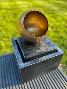 Golden Globe Box Light Water Feature with LED Lights - Solar Powered 29x29x40cm